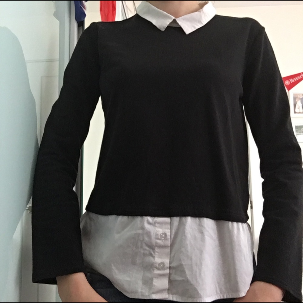 Black Long Sleeve White Pointed Collar Top